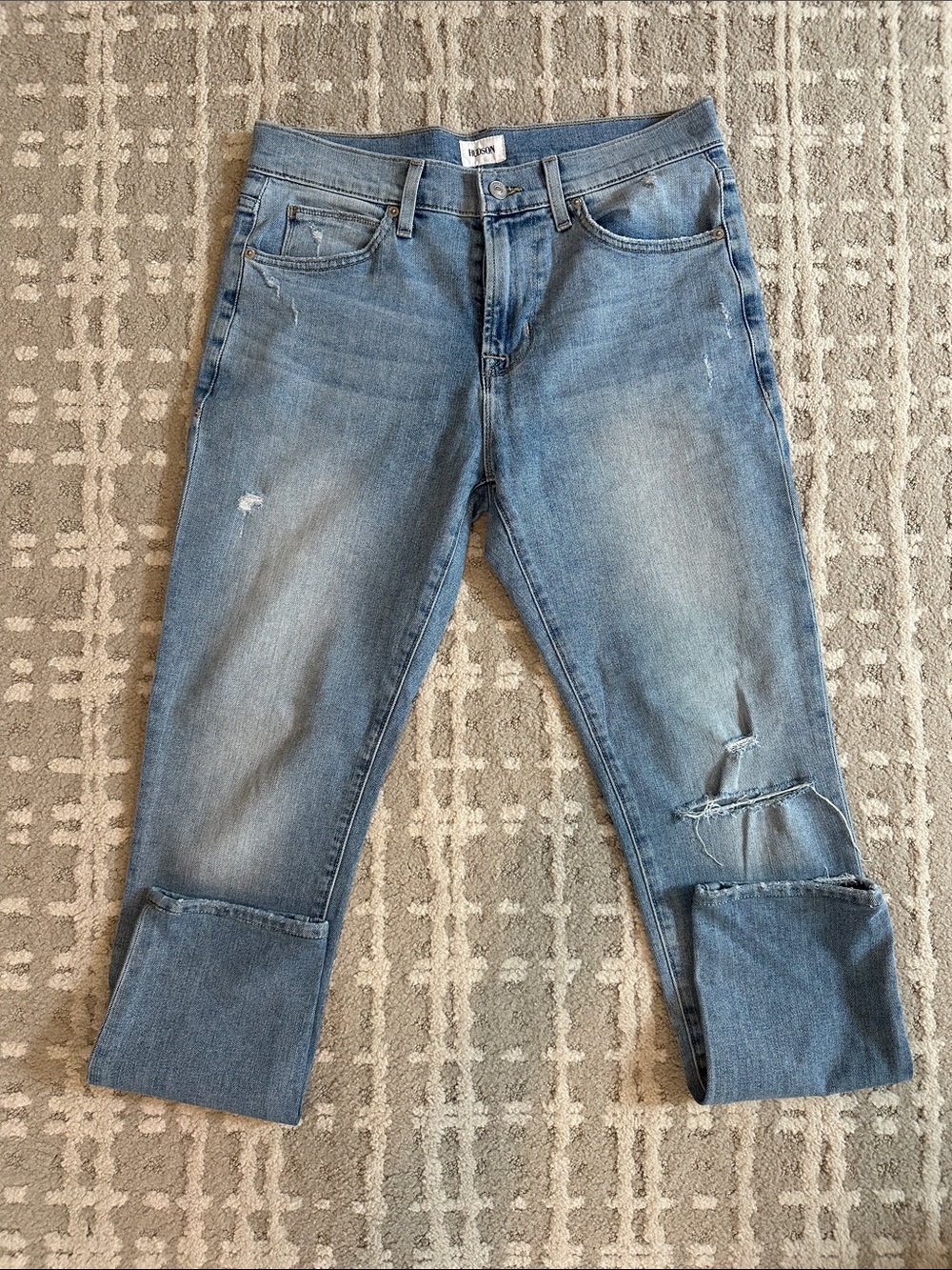 Hudson Medium Wash Distressed Boyfriend Jeans with Cuffed Hems